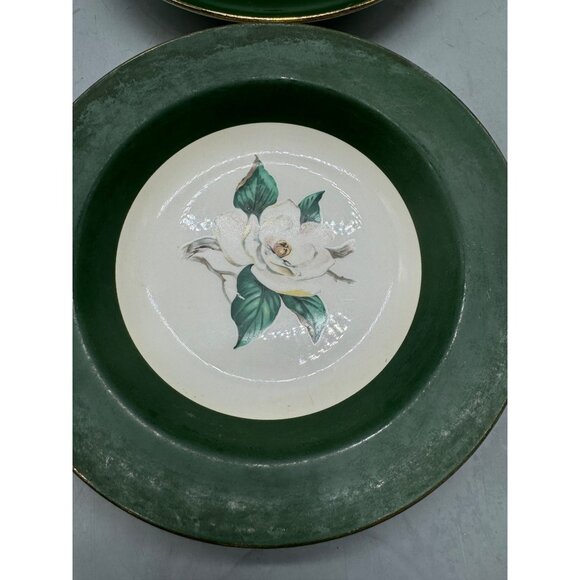 Vintage Walker China Green & White Floral Rimmed Soup Bowls 8" Diameter Set Of 2 - Picture 2 of 14